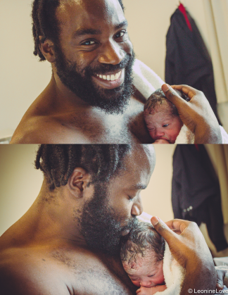 Happy daddy, Leon, having skin-to-skin with his baby Mango